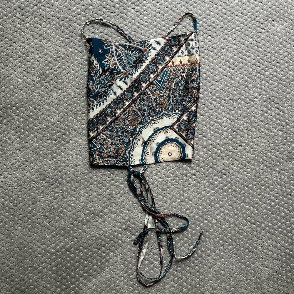 Shein Lace Up Backless Scarf Print Crop Cami Top